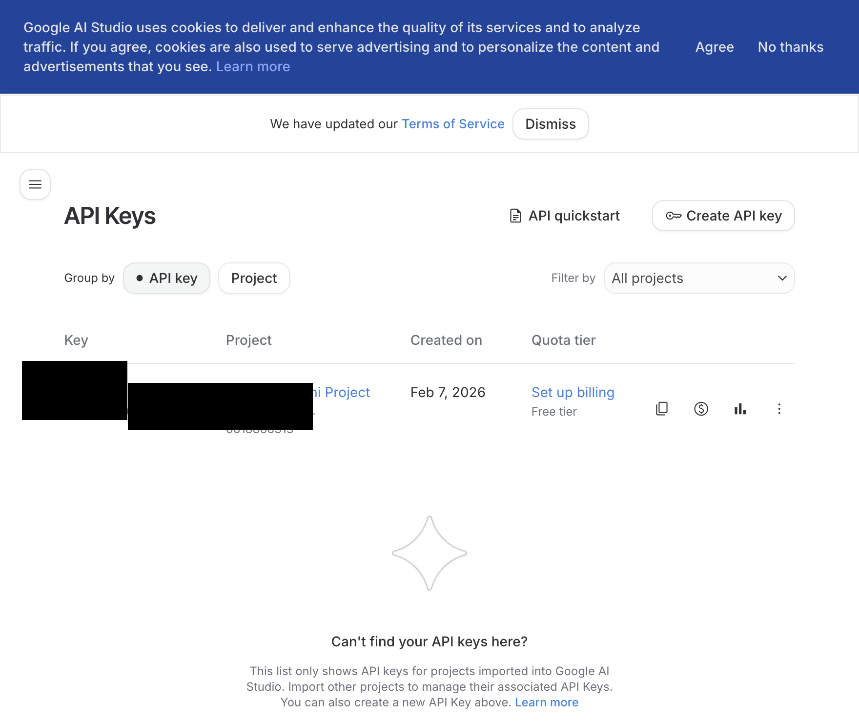 Google AI Studio API keys dashboard