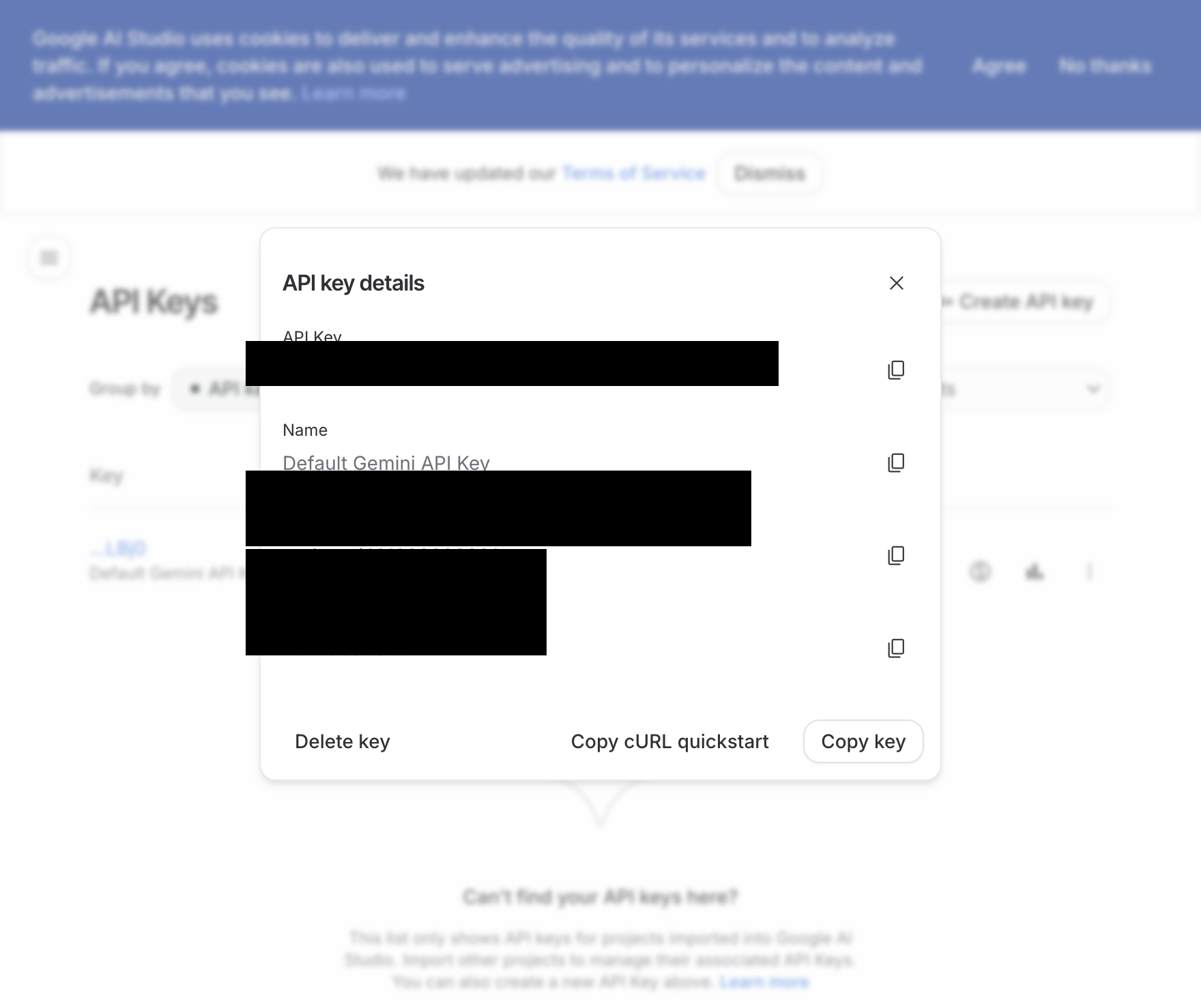 Google AI Studio API key details modal showing the key to copy