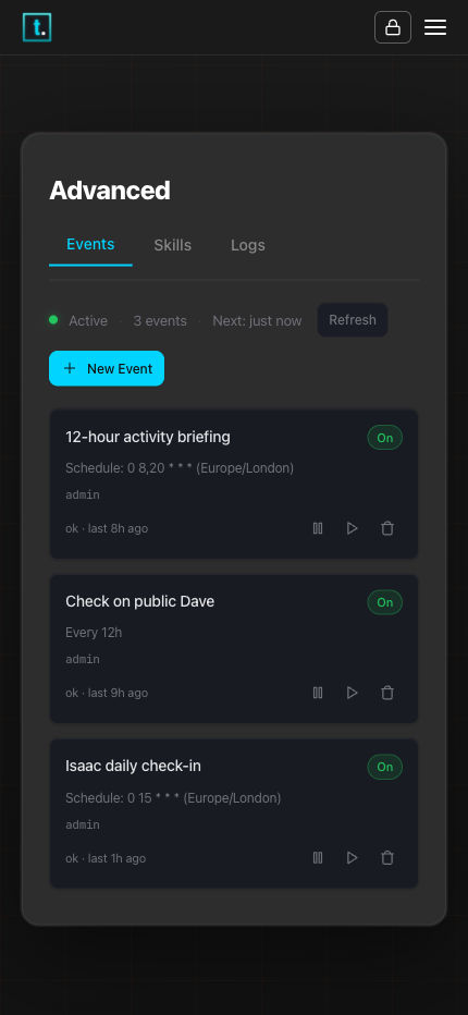 Taskmaster Advanced page showing Events tab with scheduled tasks