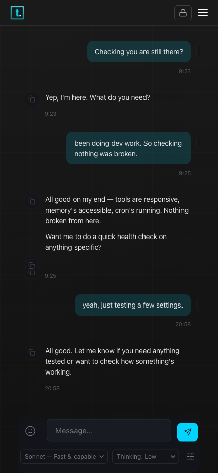 Taskmaster Chat page showing a conversation with the admin assistant