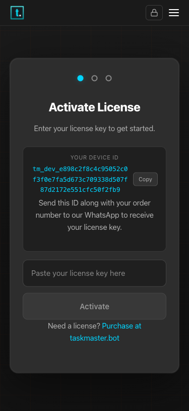 Taskmaster license activation screen showing Device ID and license key field