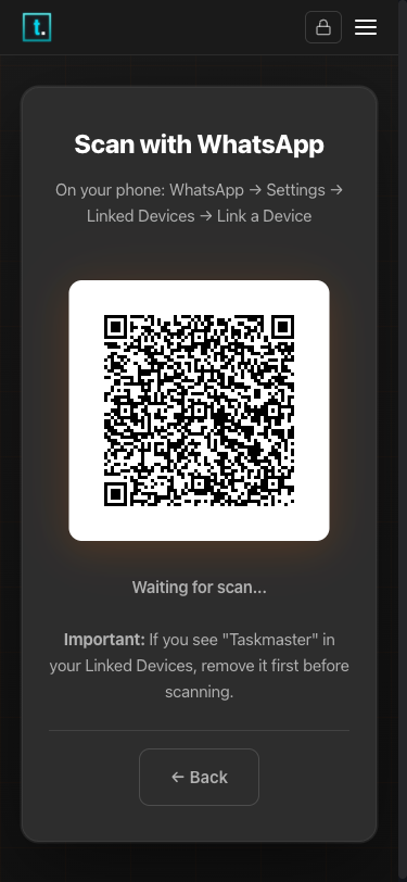 Taskmaster WhatsApp QR code scanning screen