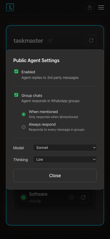 Taskmaster WhatsApp Public Agent Settings panel showing enabled toggle, model and thinking selectors